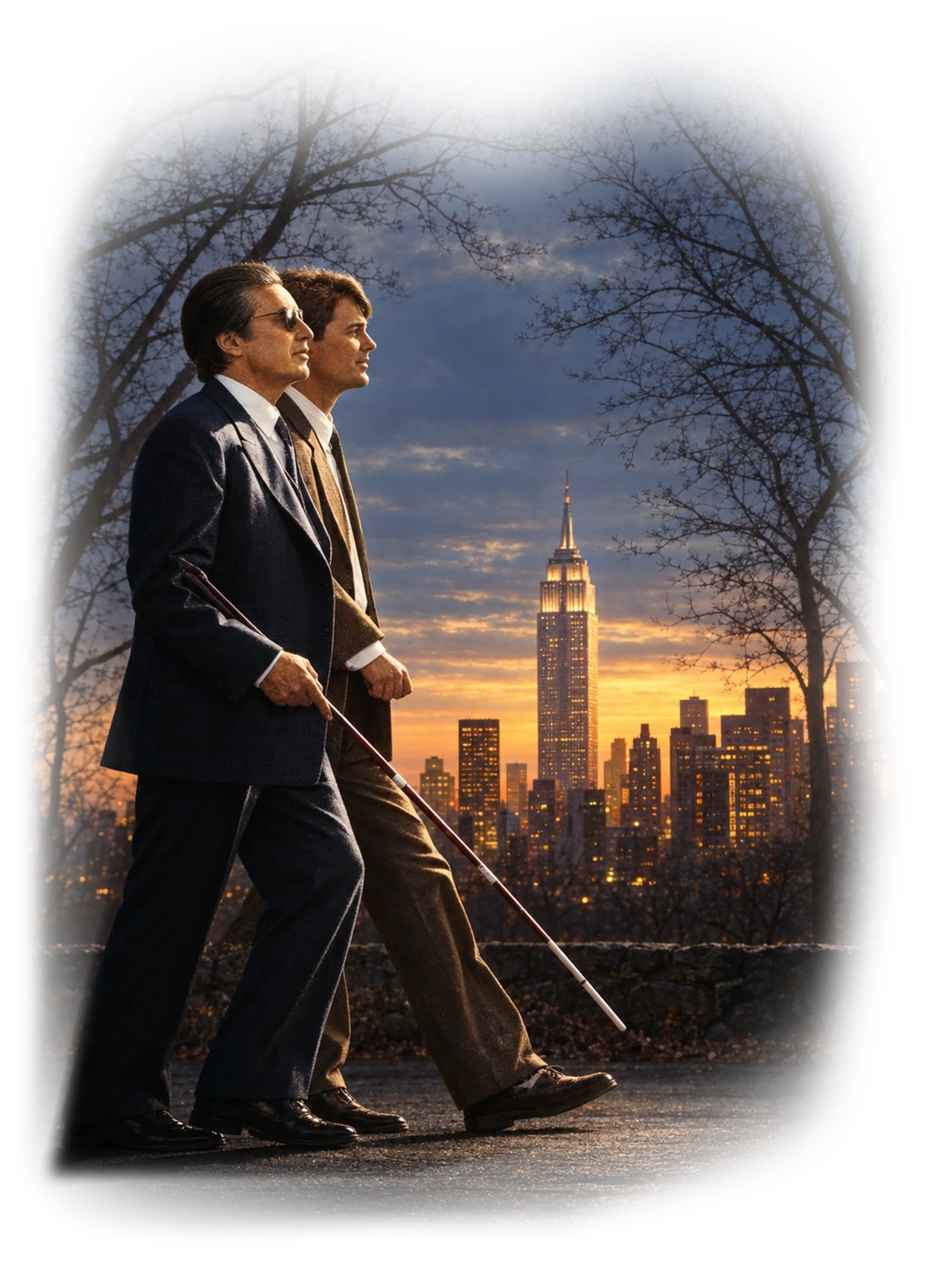 Scent of a Woman: two men walking with a cane at dusk
