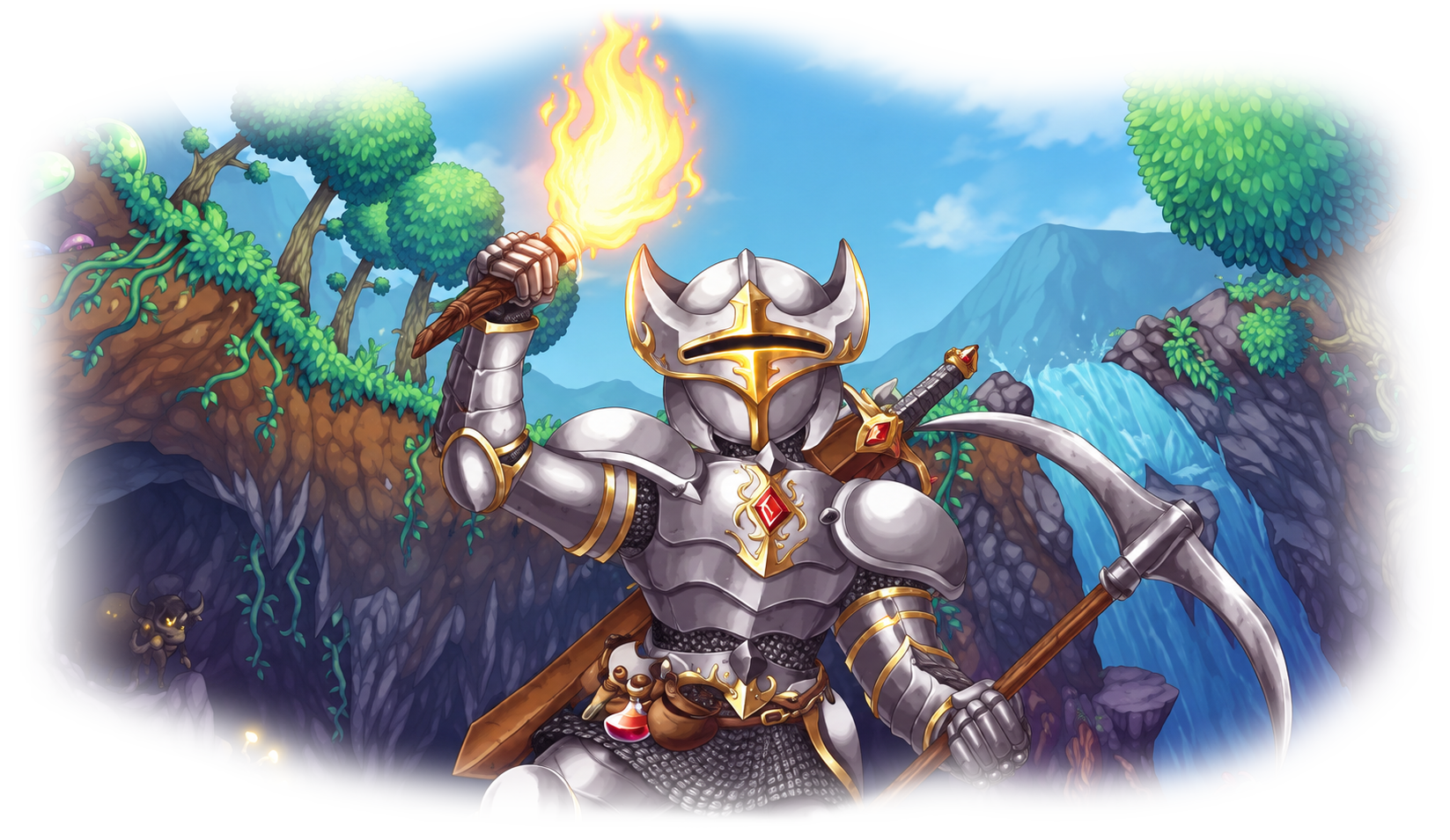 Terraria: torchlight above a forest and waterfall