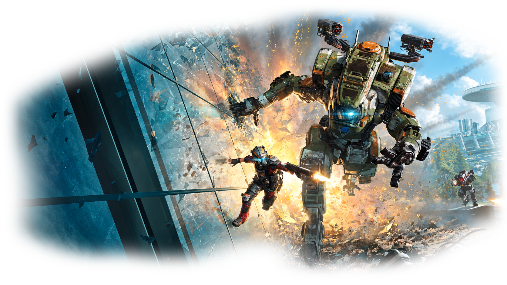 Titanfall 2: a pilot and BT breaking through glass