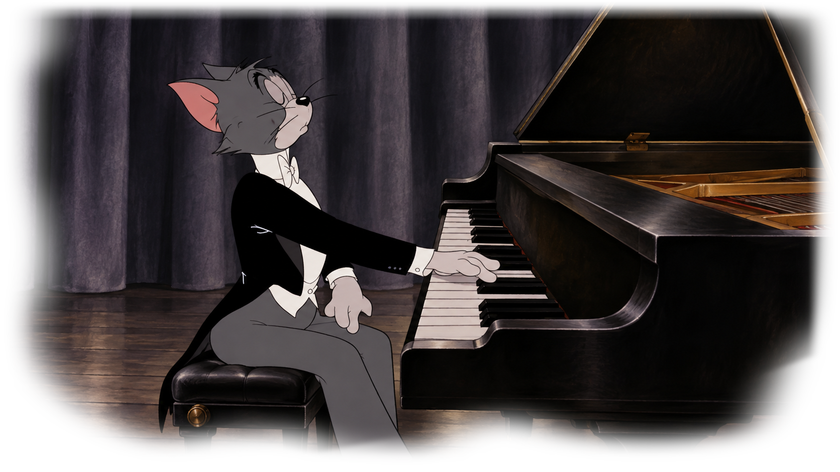 Tom in a tuxedo playing a grand piano on a wooden stage