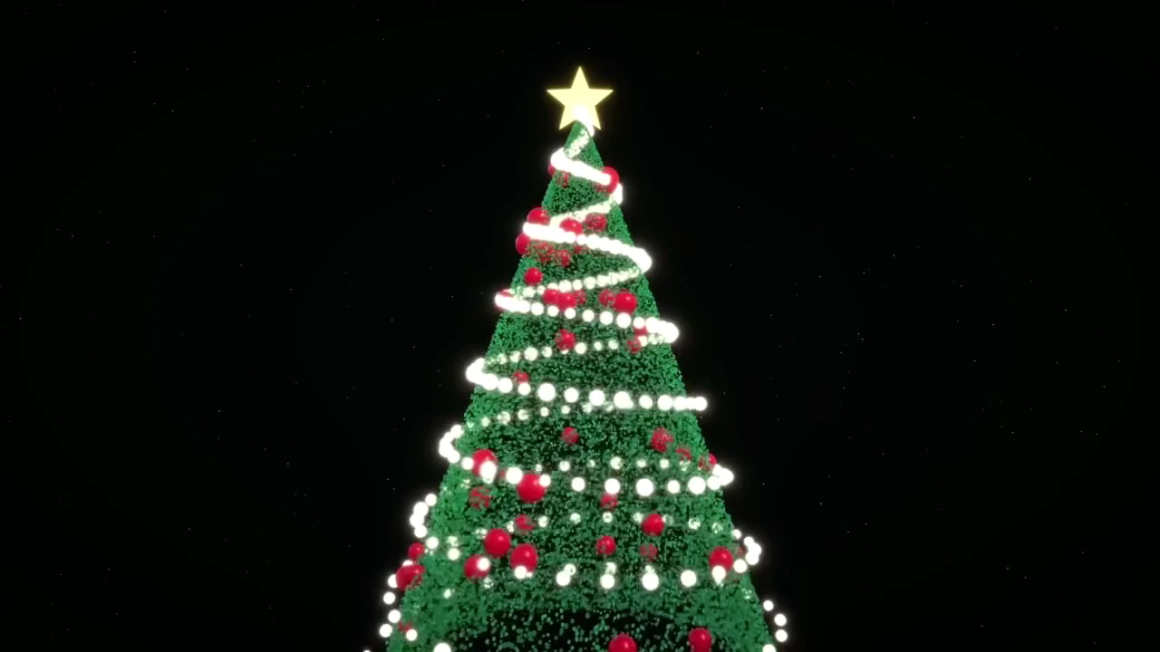 Glowing Christmas tree with a star, lights and ornaments